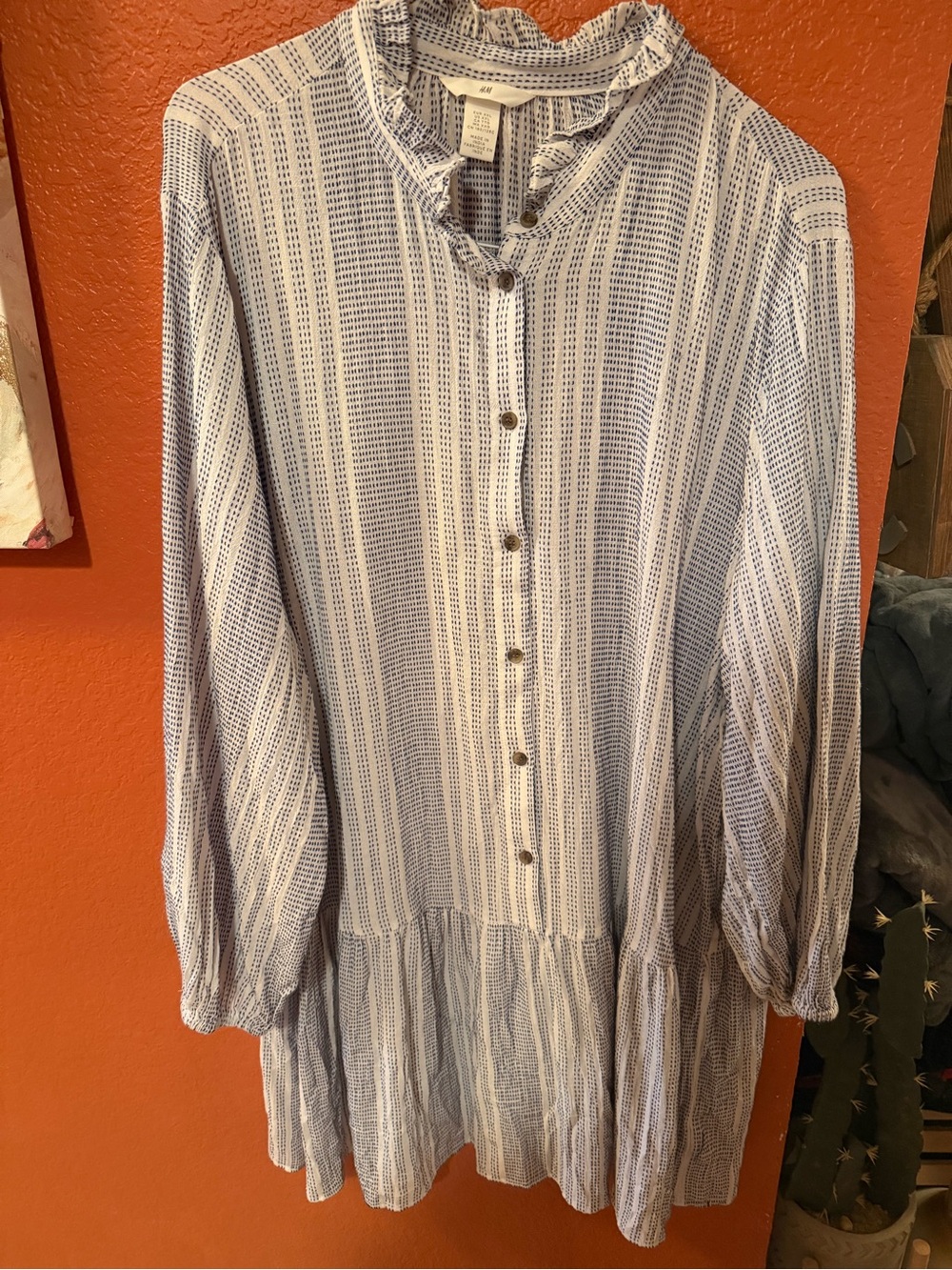 H&M Light Blue and White Striped Long Sleeve Button-Front Dress